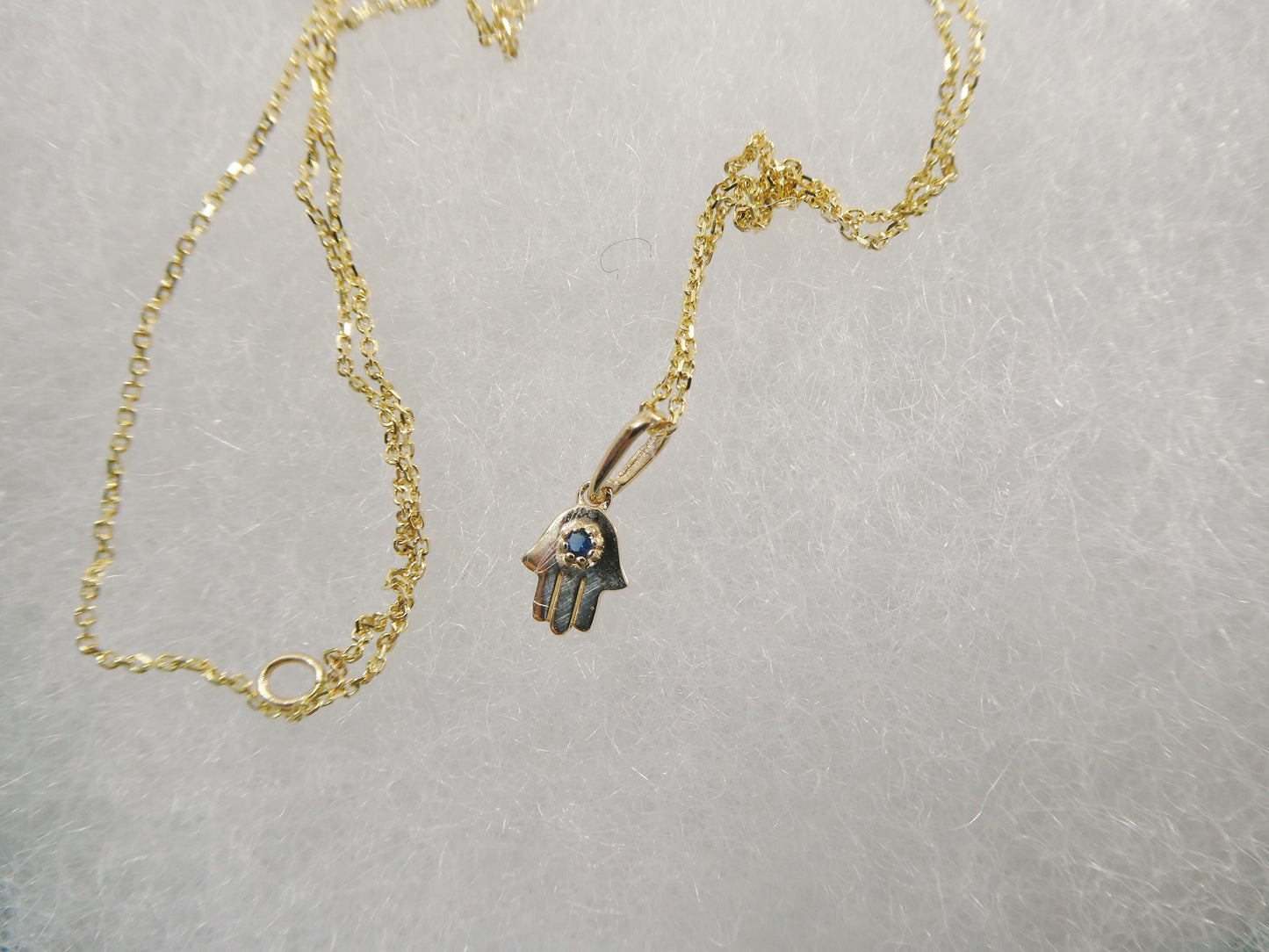 14k real solid yellow gold tiny hand hamsa  pendent and cable necklace