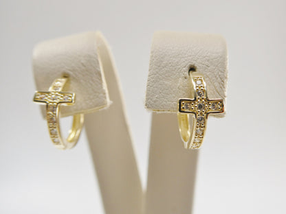 Real 10k Solid Yellow Gold Cross Hoop Huggie Earring