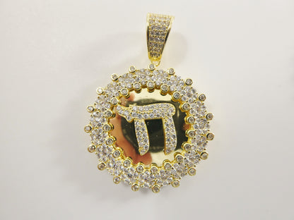 Real 925 Sterling Silver Large Hebrew Hai Pendent Prong Stone Charm