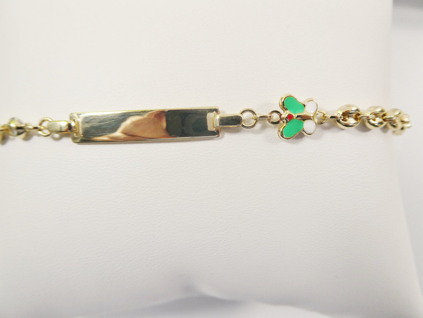 14k Yellow Gold Baby ID Bracelet: Enamel Butterfly Mariner Chain