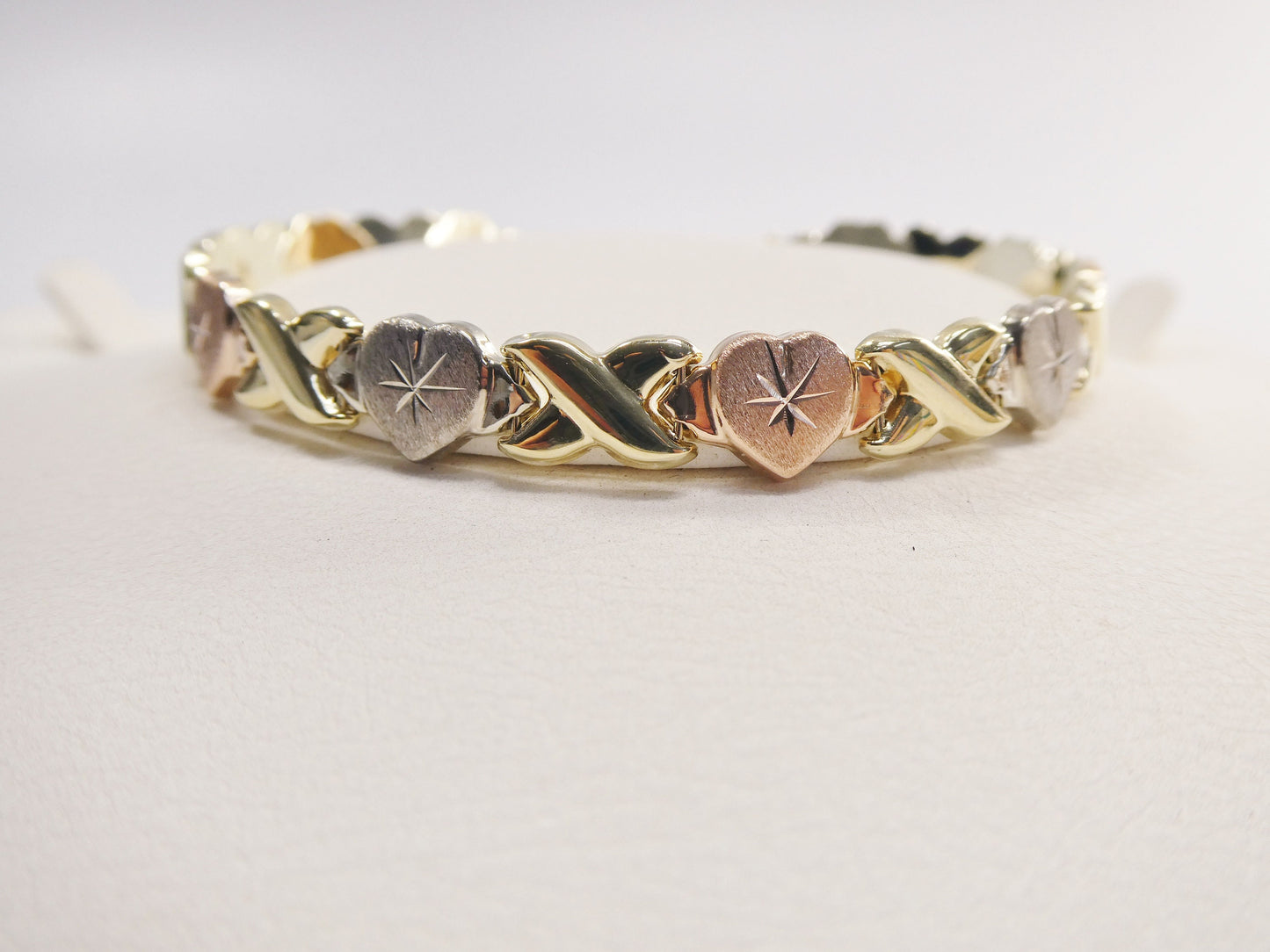 real 10k solid yellow gold xo heart hugs and kisses tri color stampato bracelet