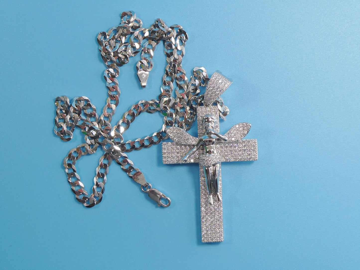 14k white gold color tone chain and large angel cross charm pendent over real 925 sterling silver
