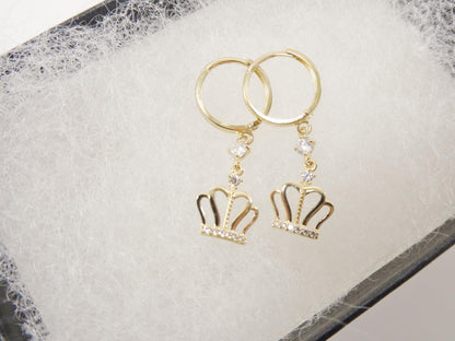 Real 10k Solid Yellow Gold Crown Hoop Huggie Earring