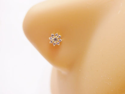 14k Real Solid Yellow Gold Full Stone Setting Flower Stud Nose Raing