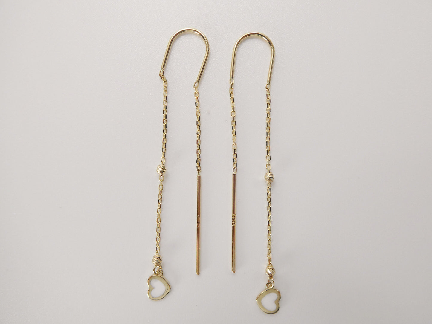 14k real solid yellow gold white heart enamel long dangling earrings