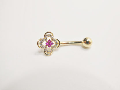 14k Real Solid Yellow Gold Flower Belly Button Ring Piercing