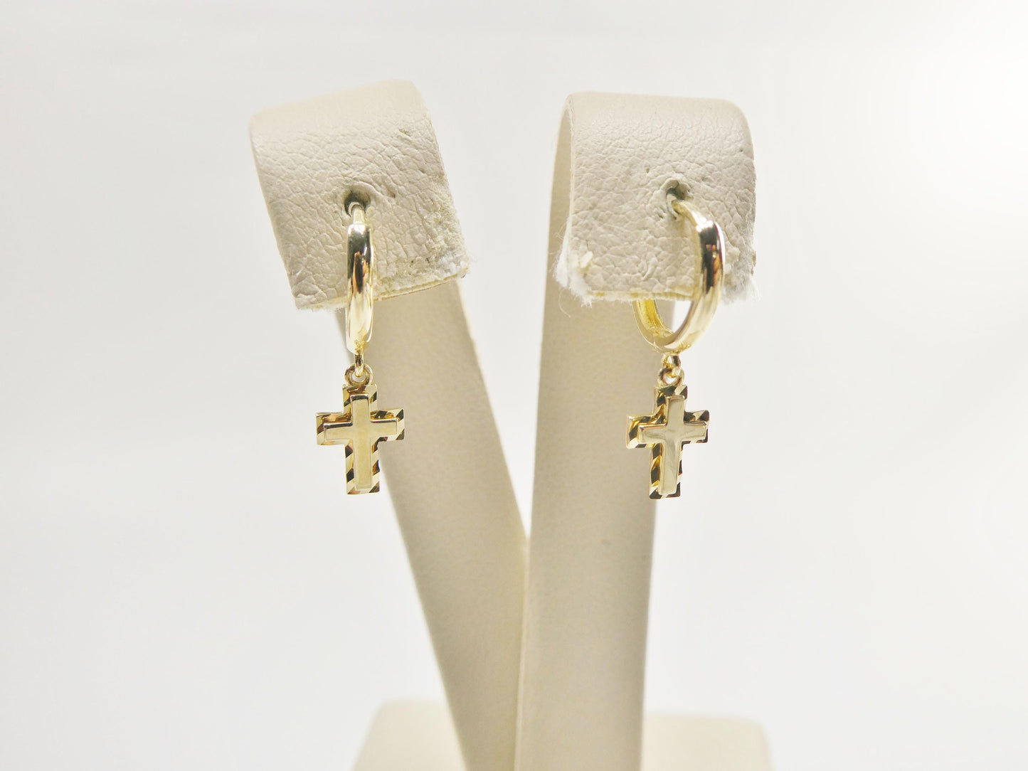 real 10k solid yellow gold cross dropping hoop huggie earring