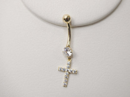 14k Real Solid Yellow Gold Dangling Cross Belly Button Ring Piercing