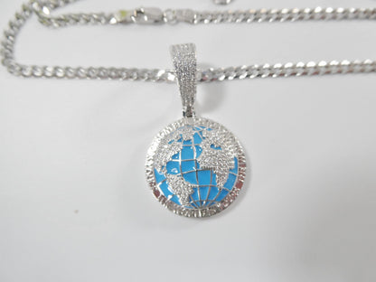 Real 925 Sterling Silver Enamel Globe Pendent Necklace