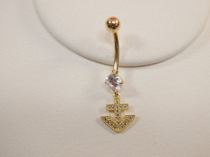 14k Real Solid Yellow Gold Dangling Anchor Belly Button Ring Piercing