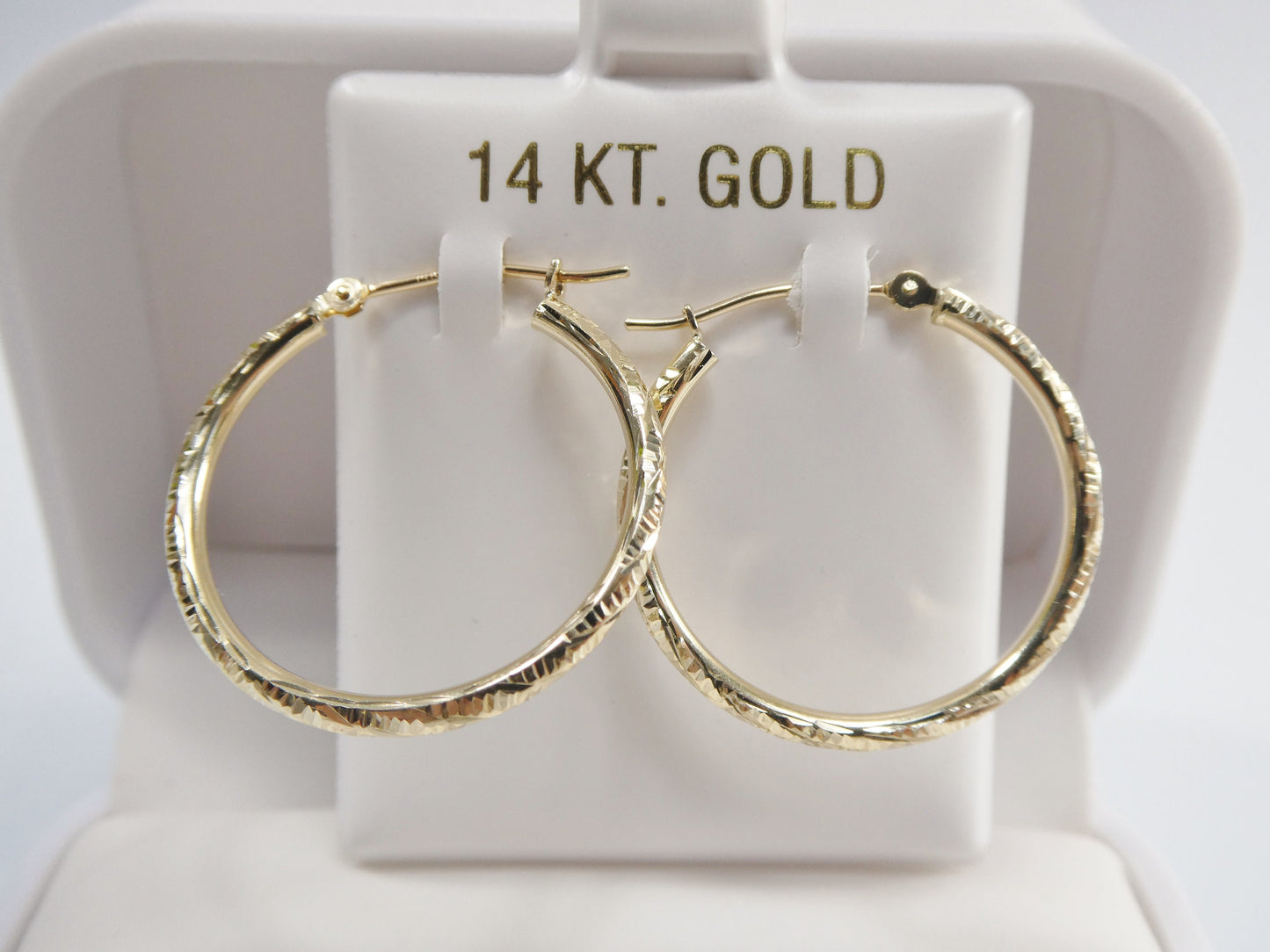 14K real solid yellow gold 25mm round hoop earrings snap closure diamond cut finish