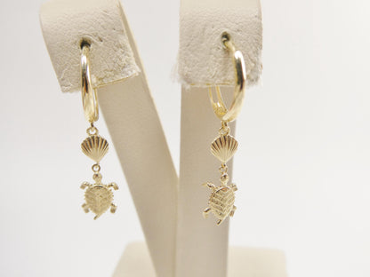 10k Real Yellow Gold Turtle Dangle Plain Huggie Earrings
