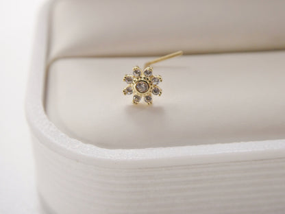 14k Real Solid Yellow Gold L SHAPE Flower Stud Nose Ring