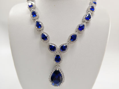 Real 925 Sterling Silver Teardrop Blue Sapphire Women Necklace