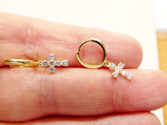 real 10k solid yellow gold cross dropping hoop huggie earrings