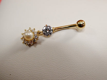 14k Real Solid Yellow Gold Dangling Freshwater Real Pearl Belly Button Ring Piercing