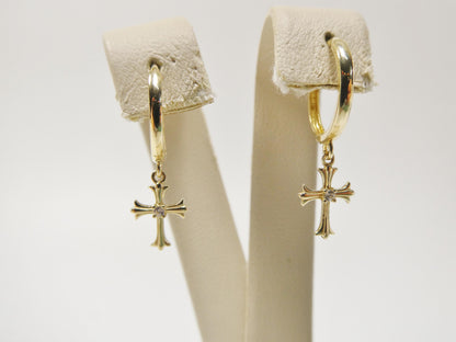 Real 10k Solid Yellow Gold Cross Dropping Hoop Huggie Earrings