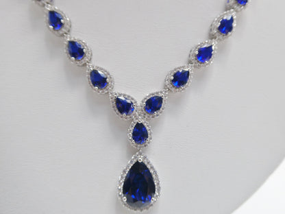 Real 925 Sterling Silver Teardrop Blue Sapphire Women Necklace