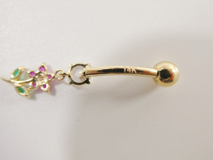 14k Real Solid Yellow Gold Color Leaf Flower Dangling Belly Button Ring Piercing
