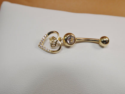 14k Real Solid Yellow Gold Dangling Crown Heart Belly Button Ring Piercing