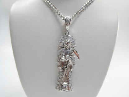 Real 925 Sterling Silver 22 Inch Dlat Chain and Large Santa Muerte Pendent Charm