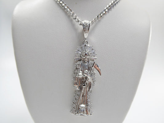 real 925 sterling silver 22 inch flat chain and large santa muerte pendent charm