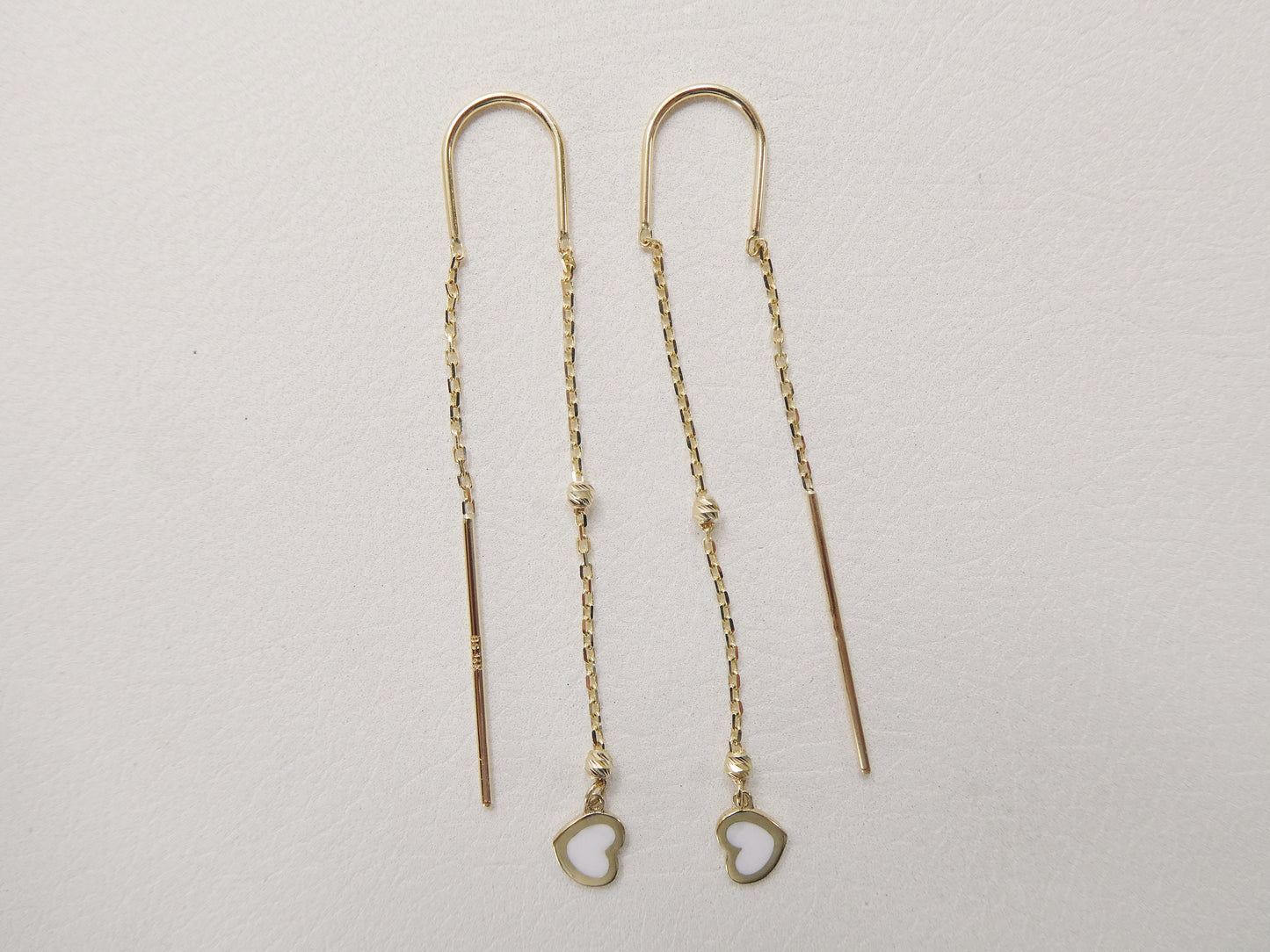 14k real solid yellow gold white heart enamel long dangling earring
