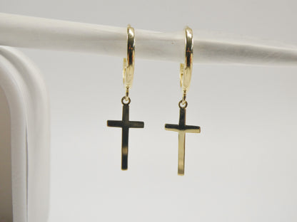 10k Real Solid Yellow Gold Plain Hoop Huggie Cross Dropping