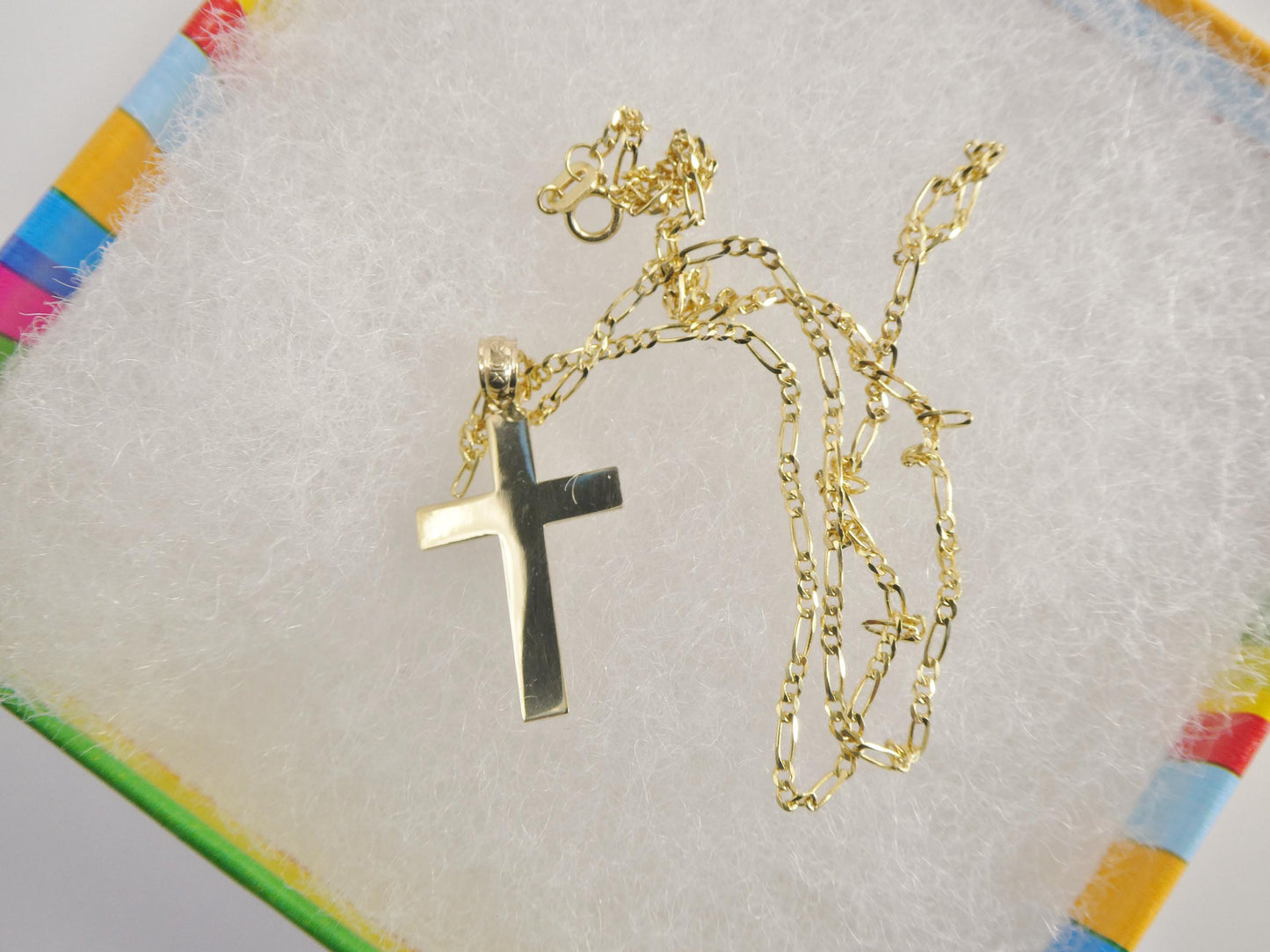 10k Yellow Gold solid figaro Chain & Cross Pendant Necklace: 16 inch