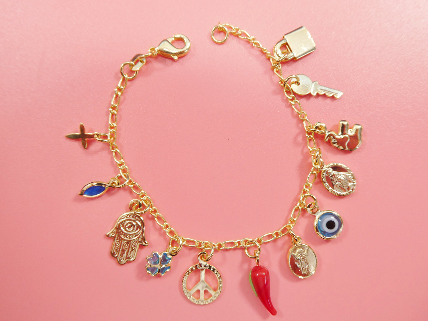 6 inch 18k gold filled multi full dangling charm Figaro style baby bracelet