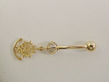 14k Real Solid Yellow Gold Dangling Steering Wheel Anchor Belly Button Ring Piercing