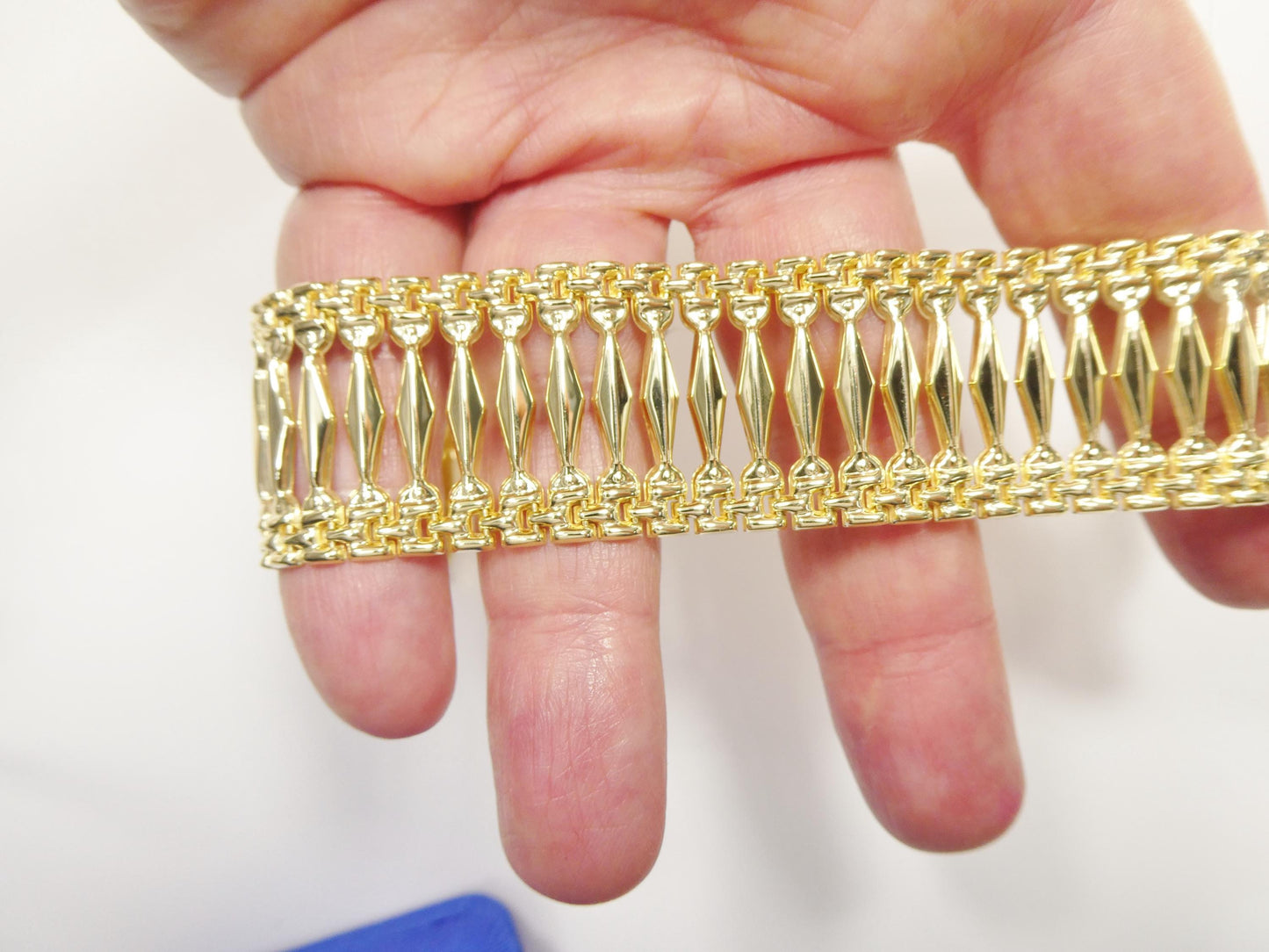 14k yellow gold tone color Cleopatra wide 25MM 7.5 inch bracelet over real 925 sterling silver