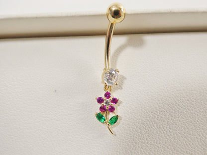 14k Real Solid Yellow Gold Color Leaf Flower Dangling Belly Button Ring Piercing
