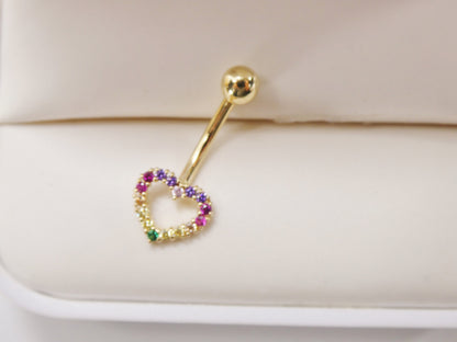 14k Real Solid Yellow Gold Rainbow Heart Belly Button Ring Piercing