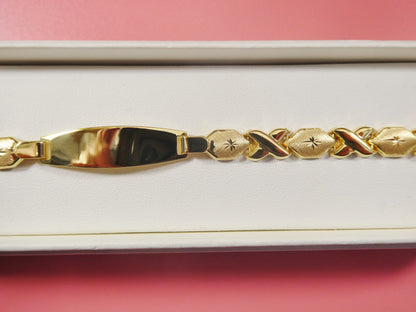 Real 925 Sterling Silver Stampato XOXO ID Bracelet 14k Yellow Gold Finish