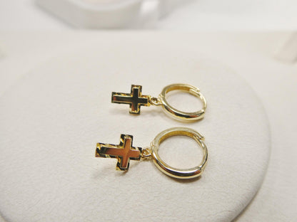 Real 10k Solid Yellow Gold Cross Dropping Hoop Huggie Earrings