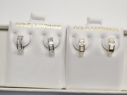 Real 10k Solid Yellow Gold Baguette Huggie Hoop Earrings