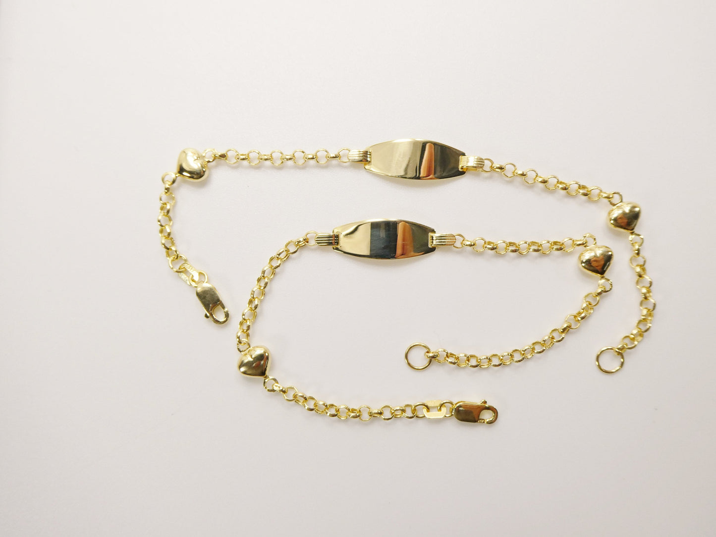 real 10k solid yellow gold 5.5/ 6.5 inch children/women double heart id bracelet