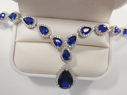 Real 925 Sterling Silver Teardrop Blue Sapphire Women Necklace