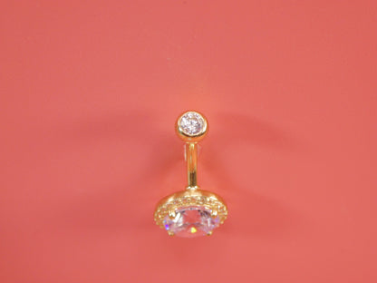 14k Real Solid Yellow Gold Large Stone Belly Button Ring Piercing