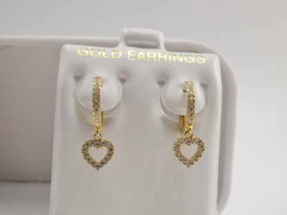 Real 10k Solid Yellow Gold Dangle Heart Full Micro Fave Setting Hoop Huggie Earrings