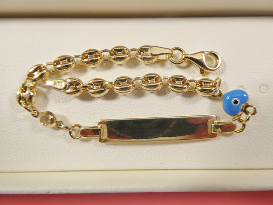 14k real solid yellow gold buff mariner enamel turquoise 6 inch heart baby ID bracelet