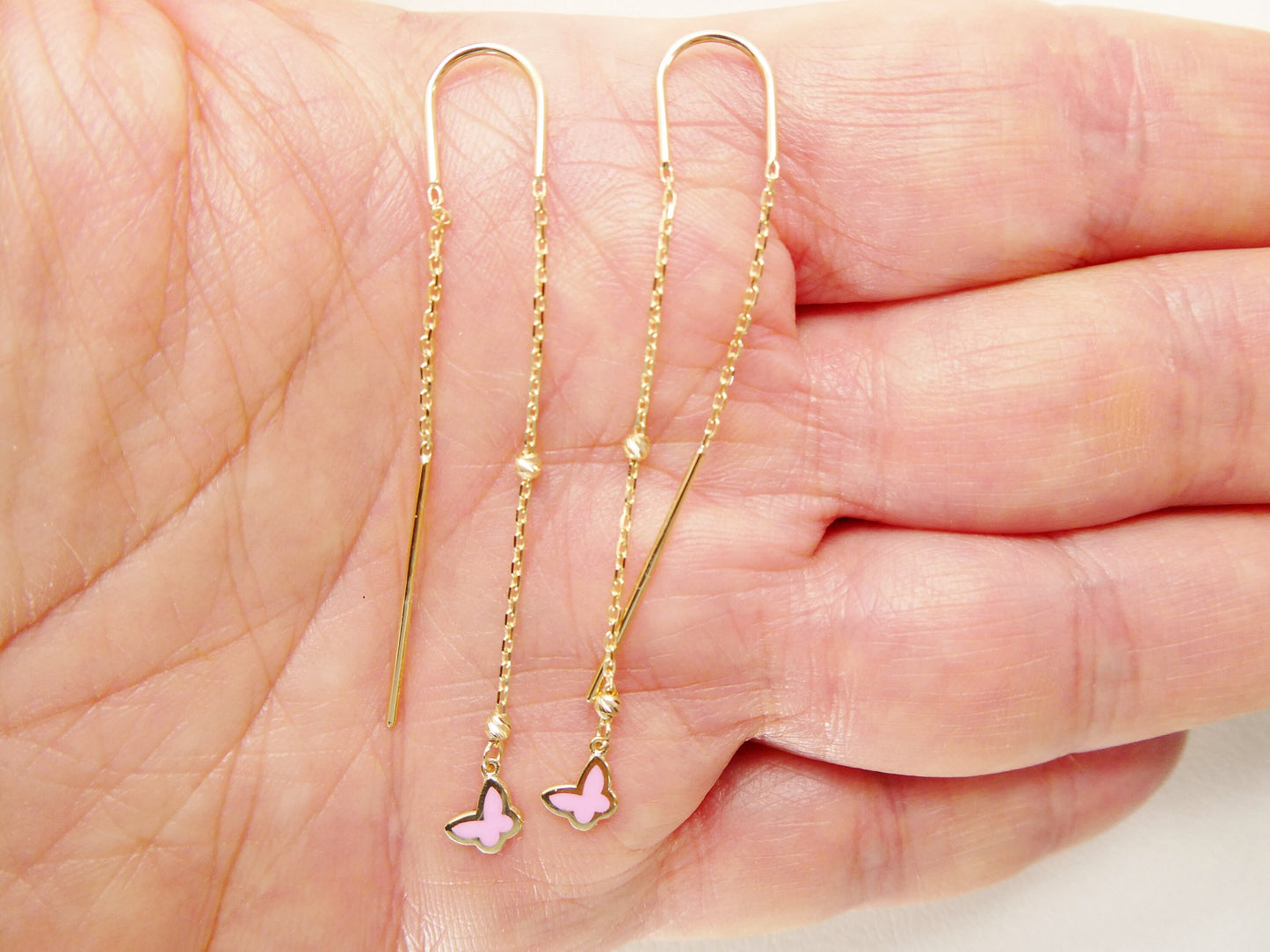 14k real solid yellow gold pink butterfly long dangling earrings