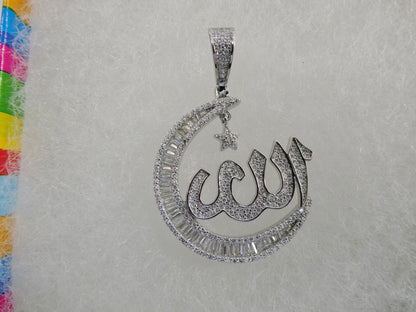 Real 925 Sterling Silver Large Muslim Allah Pendent Baguette Stone Charm