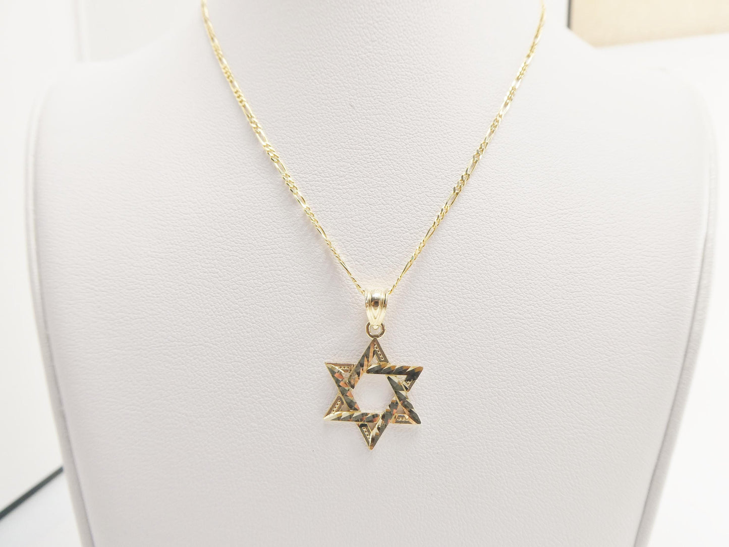 10k Yellow Gold Star of David Pendant Necklace: 18 inch Figaro Chain