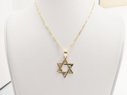 10k Yellow Gold Star of David Pendant Necklace: 18 inch Figaro Chain