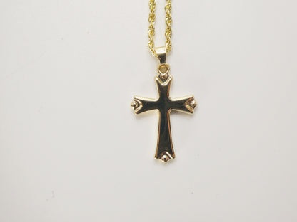 14k Real Solid Yellow Gold Super Polish Cross Pendent and Robe Necklace
