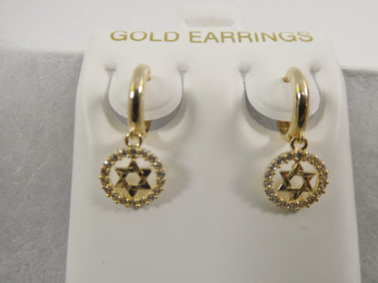 10k Real Solid Gold Star David Dangle On Plain Huggie Fancy Earrings