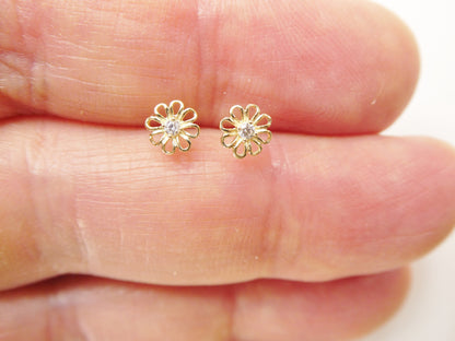 10k Real Solid Yellow Gold Small Flower Push Back Earrings