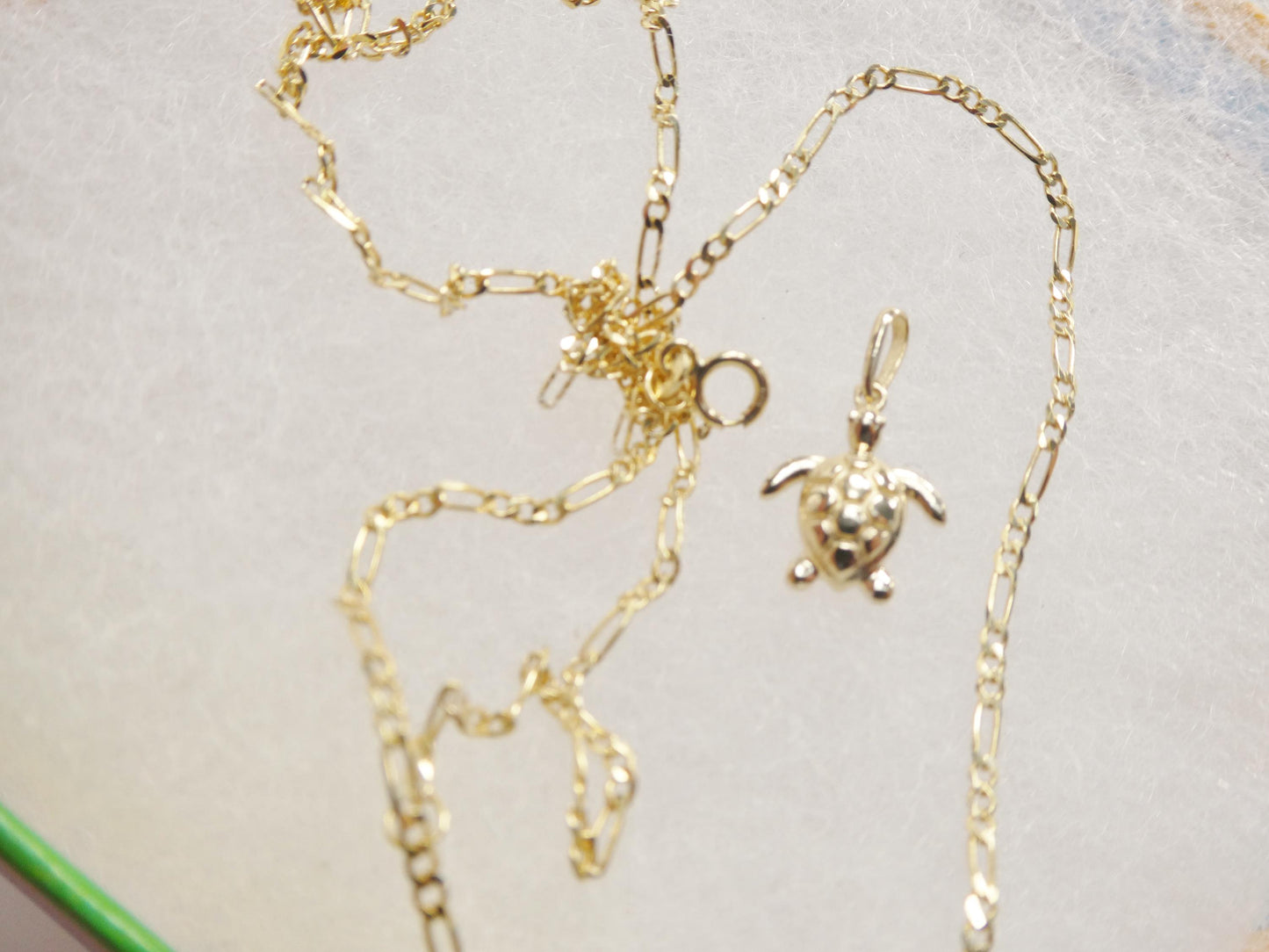 10k Yellow Gold Turtle Pendant Necklace: Solid Figaro Chain
